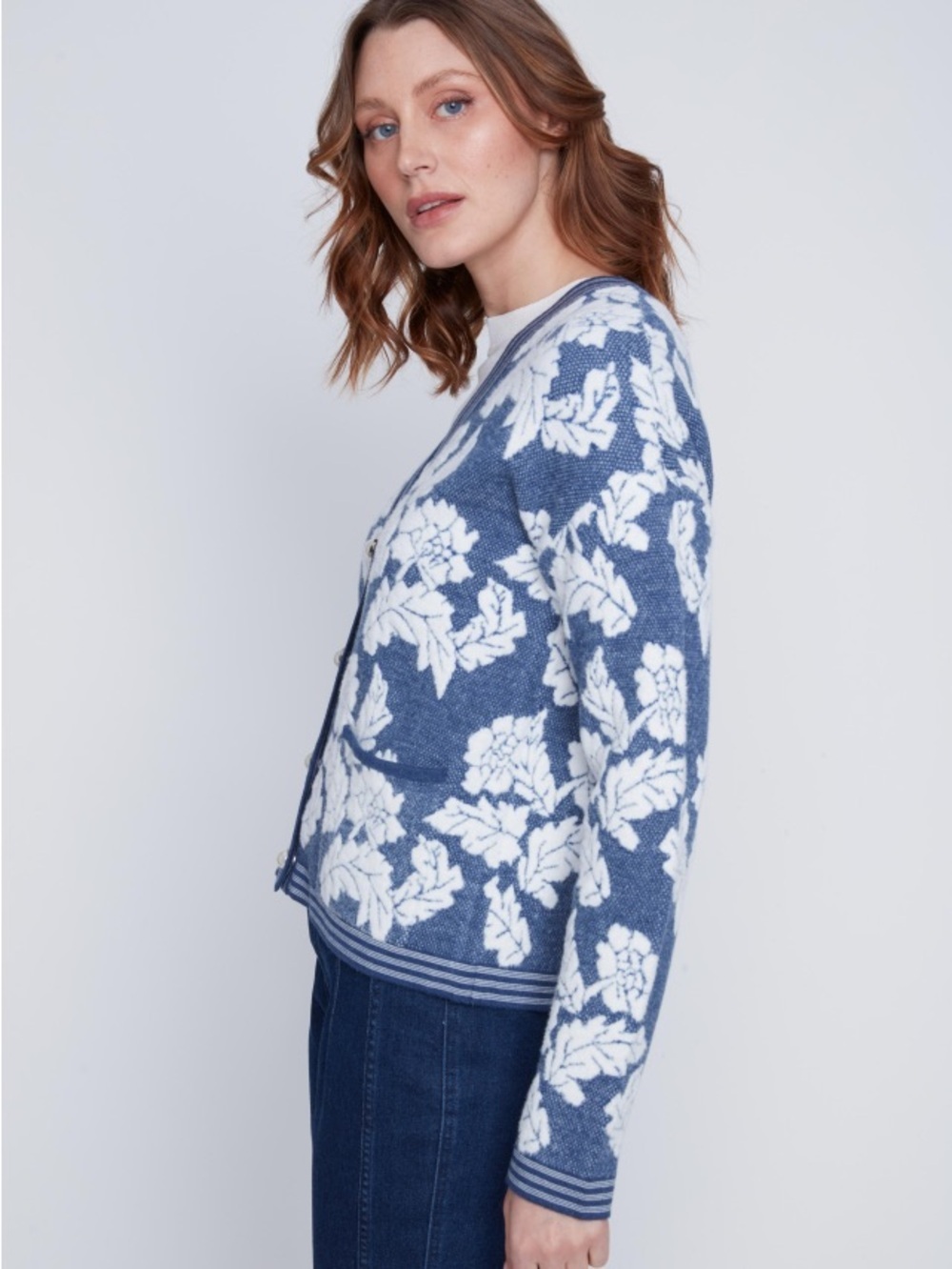 Coco Y Club Blue and White Floral V-Neck Cardigan with Pearl Buttons - Picture 2 of 7